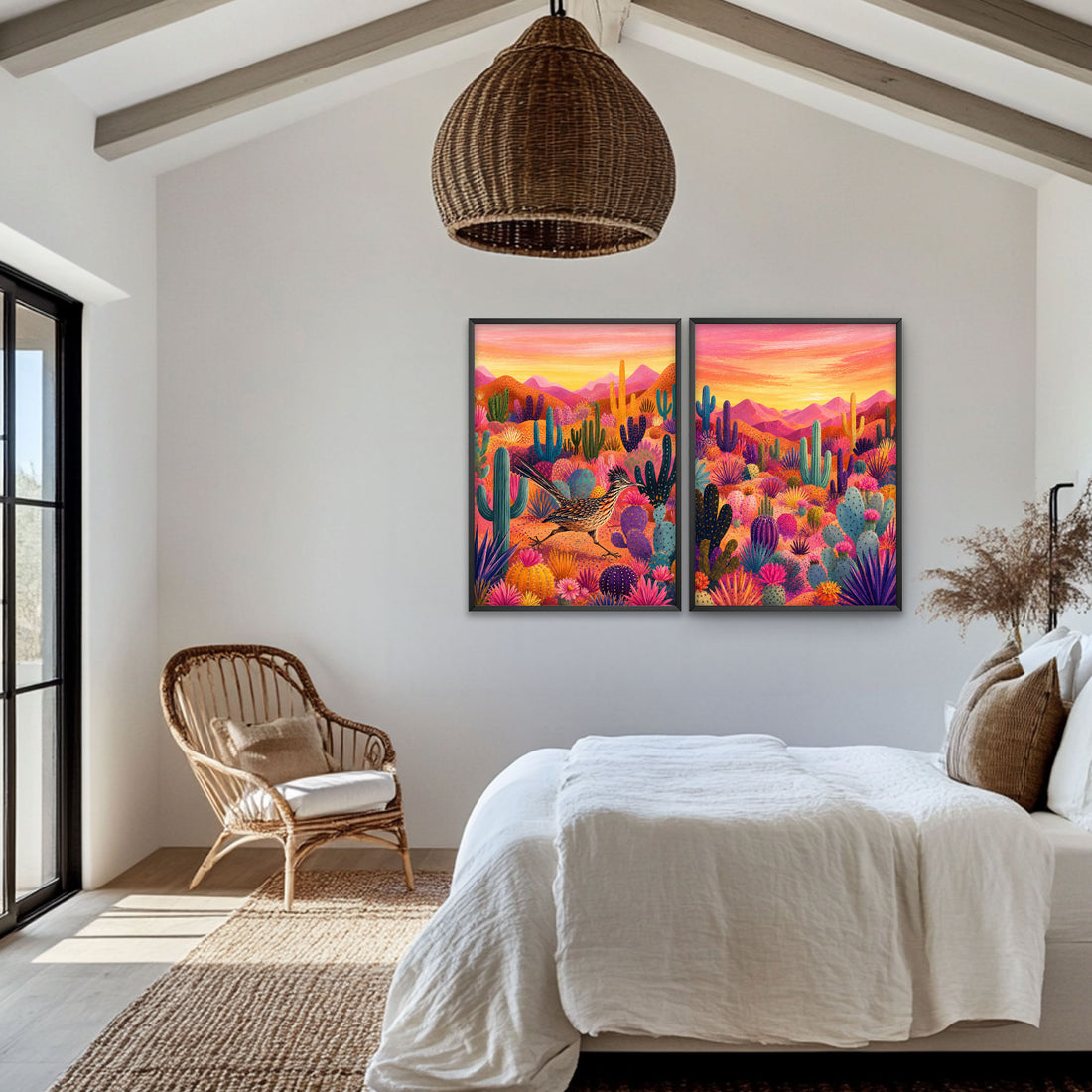Southwest wall art set featuring a roadrunner print and colourful Arizona desert landscape.