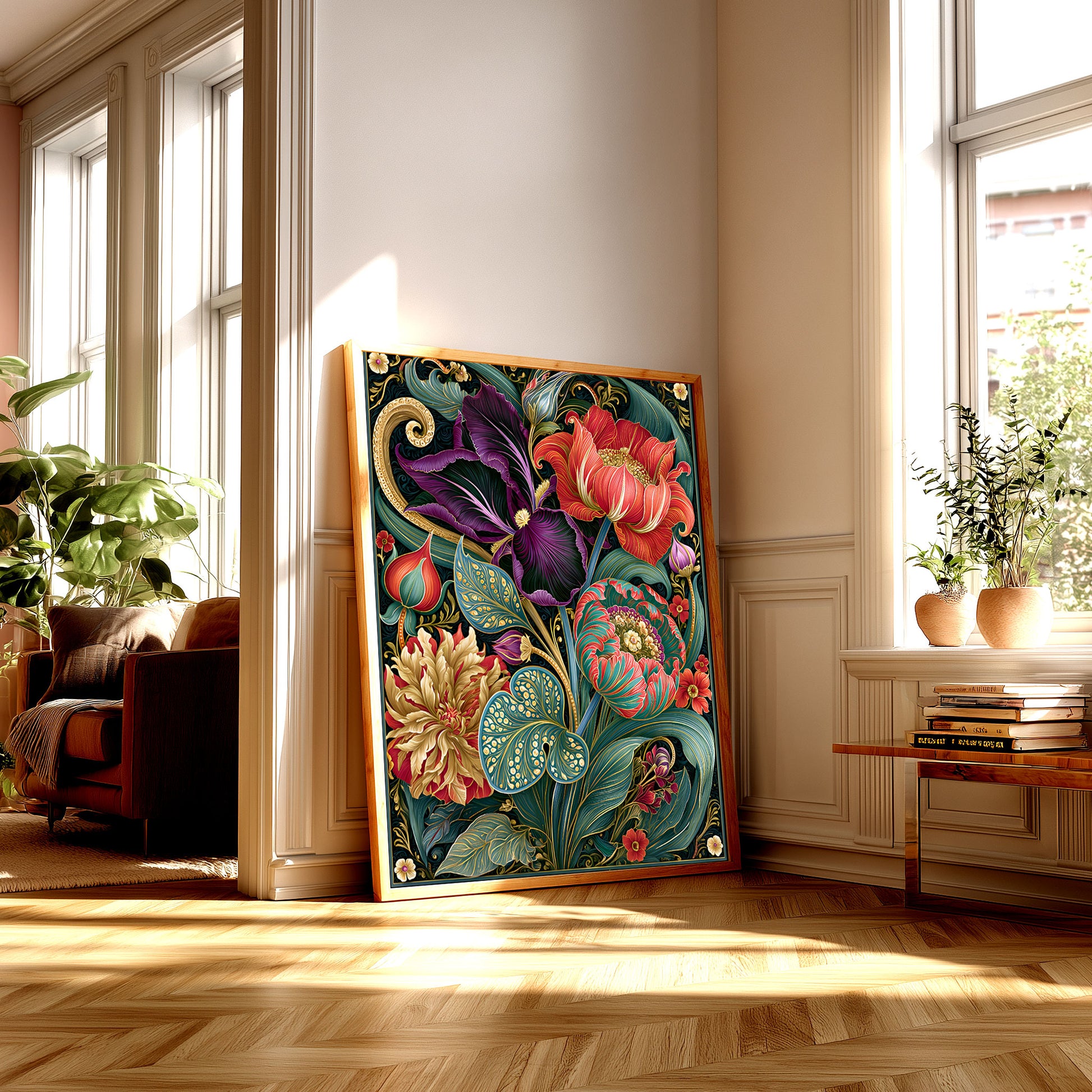 Luxury botanical wall art with ornate Art Nouveau flowers in jewel tones on a black background with gold detailing