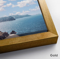 Close up texture detail of a premium gallery wrapped gold  framed canvas print showing high-quality abstract brushstrokes