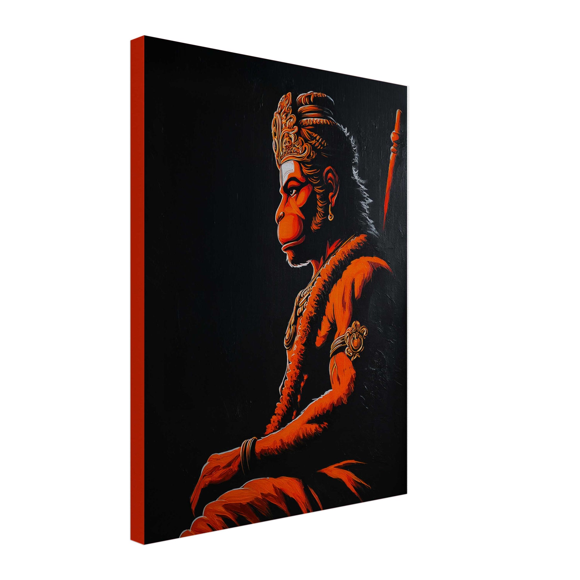 A vertical canvas wall art print depicting a stylized portrait of Lord Hanuman in profile, rendered in warm orange and red tones against a dark black background. The canvas is shown at a slight angle with its red-orange side edge visible, set against a plain white background.