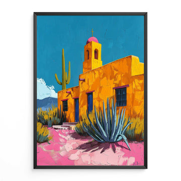  Southwest Wall Art Desert Architecture Print Colorful painting of a desert scene with a church and cacti.