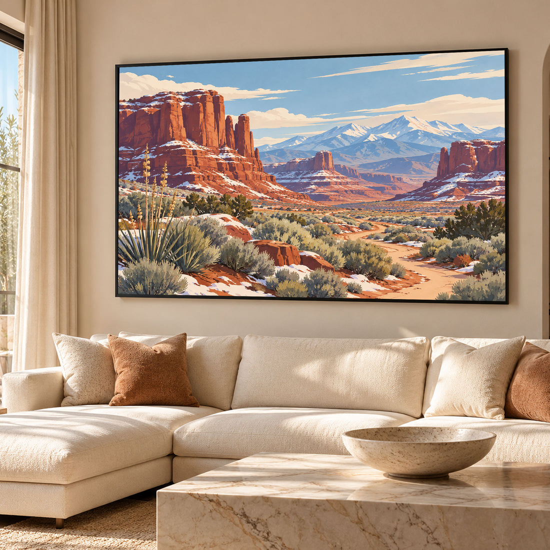  landscape art print of a desert canyon with red rock formations and snow-capped mountains