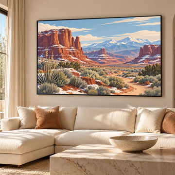  landscape art print of a desert canyon with red rock formations and snow-capped mountains