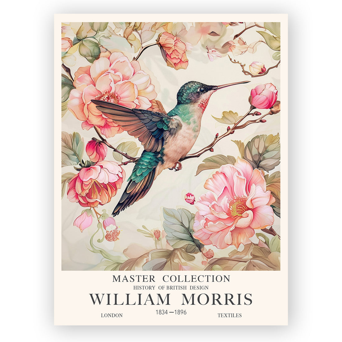 William Morris Hummingbird Print - Vintage botanical design featuring a detailed illustration of a hummingbird surrounded by intricate floral patterns in the classic William Morris style. Perfect for adding a touch of nature-inspired, vintage decor to your home