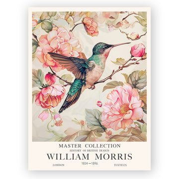 William Morris Hummingbird Print - Vintage botanical design featuring a detailed illustration of a hummingbird surrounded by intricate floral patterns in the classic William Morris style. Perfect for adding a touch of nature-inspired, vintage decor to your home