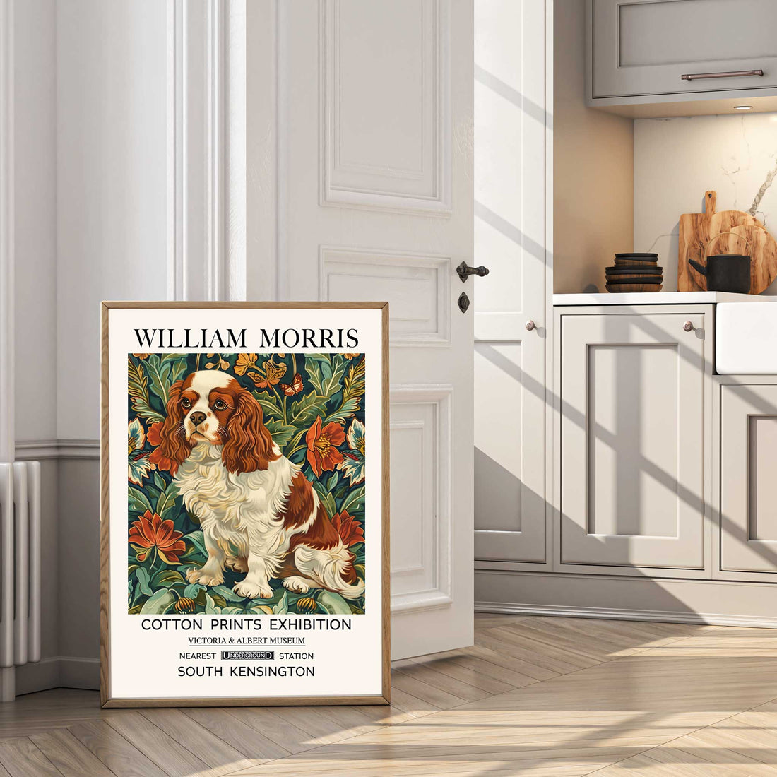 Vintage art print of a Cavalier King Charles Spaniel in classic illustration style, ideal wall decor for pet lovers.