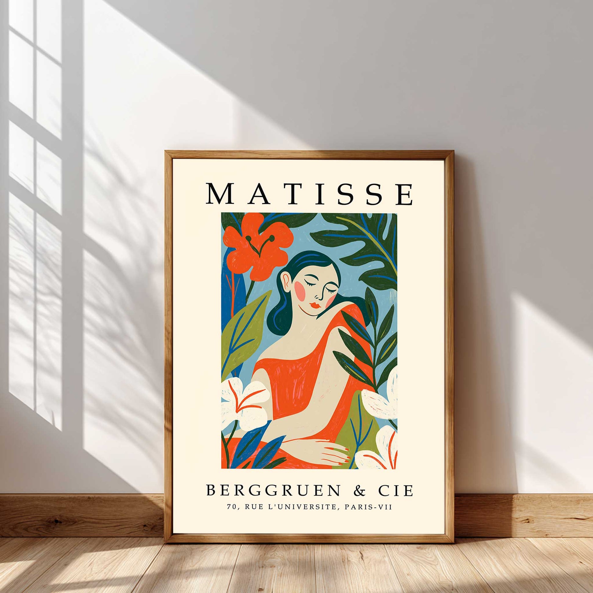 Matisse woman portrait print featuring a female figure surrounded by botanical leaves and flowers. Woman wall art and portrait print
