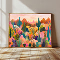 Cactus wall art featuring a colorful Southwest desert landscape with layered plants Suitable for living room, bedroom and modern interiors.Available as premium wall art and framed prints.