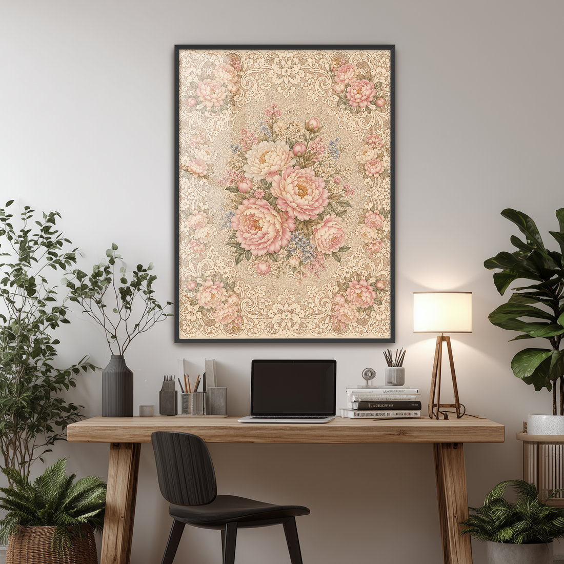 Victorian Lace Wall Art Pink Peony Print