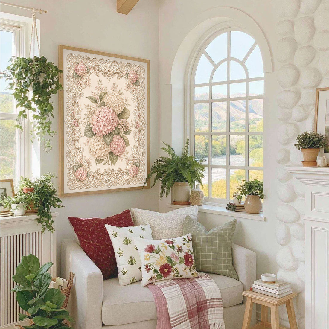 Victorian Lace Wall Art Pink Hydrangea Print