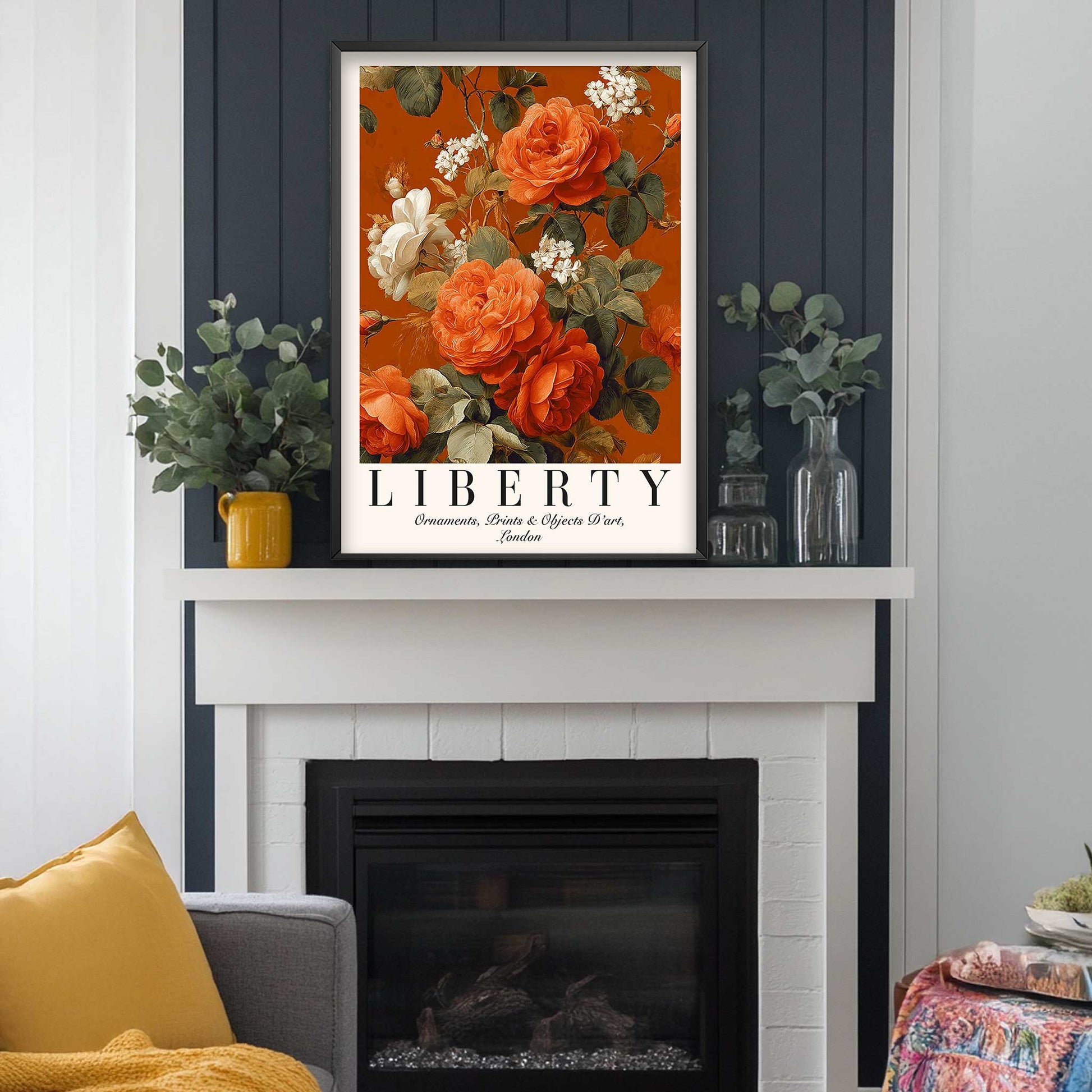 Vintage Roses Floral Wall Art Printfeaturing illustrated roses and foliage arranged in a classic floral poster layout with a warm, richly coloured background. Vintage Flower Wall Art. 