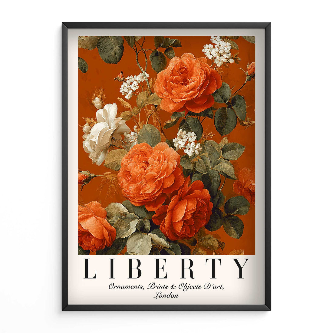 Vintage Roses Floral Wall Art Printfeaturing illustrated roses and foliage arranged in a classic floral poster layout with a warm, richly coloured background. Vintage Flower Wall Art. Stylish Art For Modern Homes And HouseWarming Or new Home Gifts