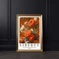 Vintage Roses Floral Wall Art Print Golden frame featuring illustrated roses and foliage arranged in a classic floral poster layout with a warm, richly coloured background. Vintage Flower Wall Art.