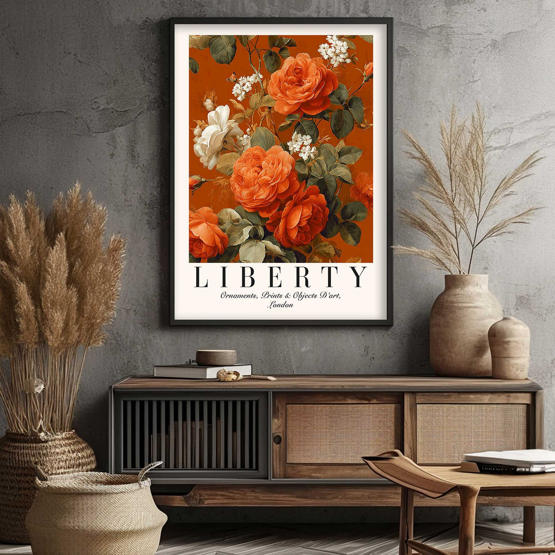 Vintage Roses Floral Wall Art Printfeaturing illustrated roses and foliage arranged in a classic floral poster layout with a warm, richly coloured background. Vintage Flower Wall Art. Stylish Art For Modern Homes And HouseWarming Or new Home Gifts