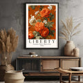 Vintage Roses Floral Wall Art Printfeaturing illustrated roses and foliage arranged in a classic floral poster layout with a warm, richly coloured background. Vintage Flower Wall Art. Stylish Art For Modern Homes And HouseWarming Or new Home Gifts
