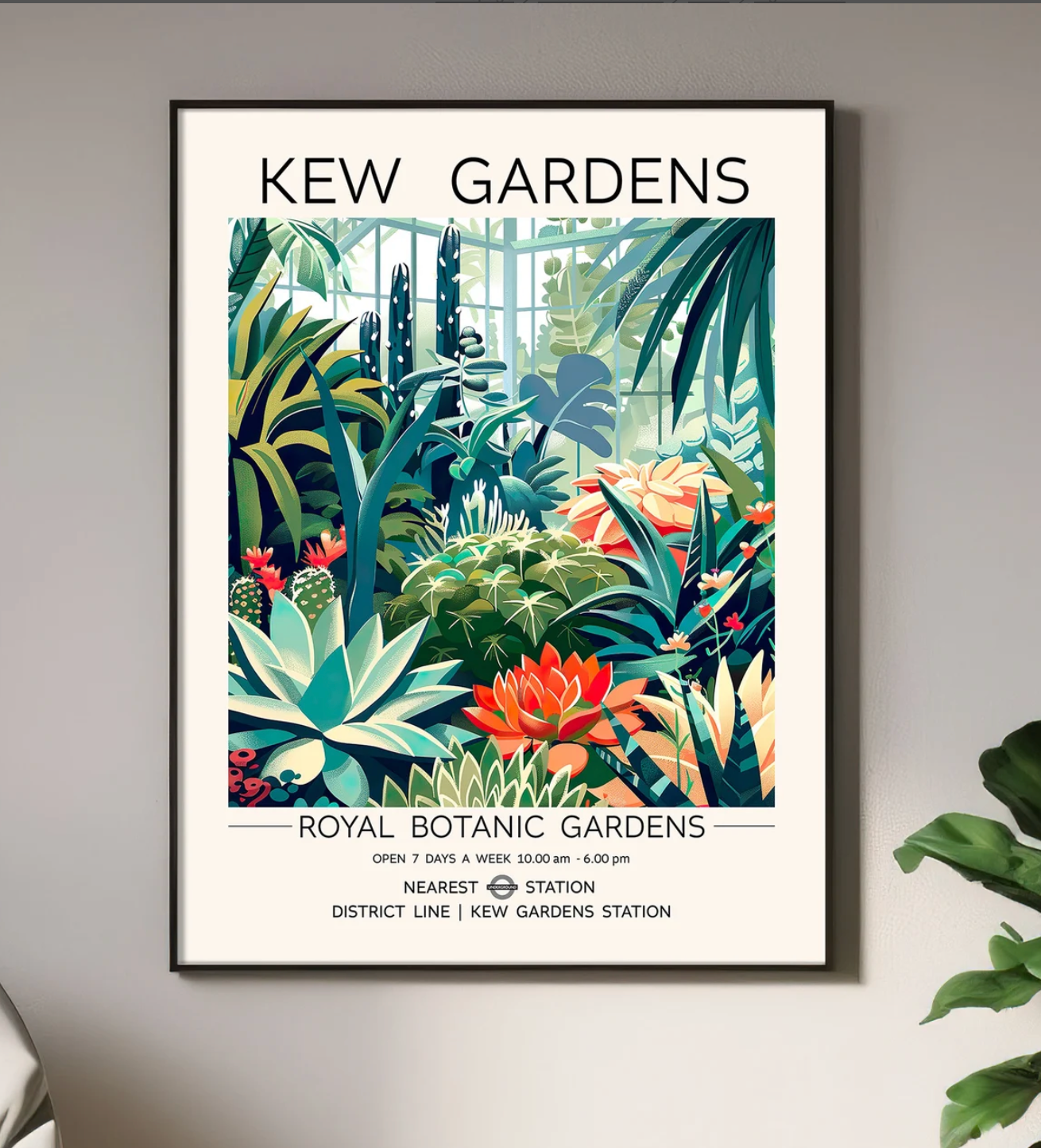 Vintage Cactus Wall Art Print Framed poster of Kew Gardens with colorful plant illustrations on a gray wall.