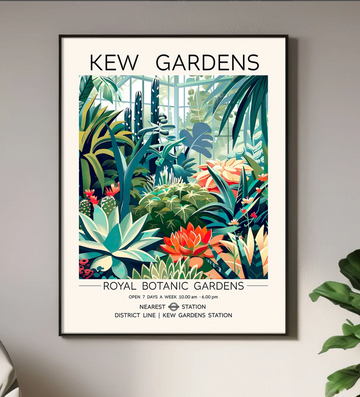 Vintage Cactus Wall Art Print Framed poster of Kew Gardens with colorful plant illustrations on a gray wall.