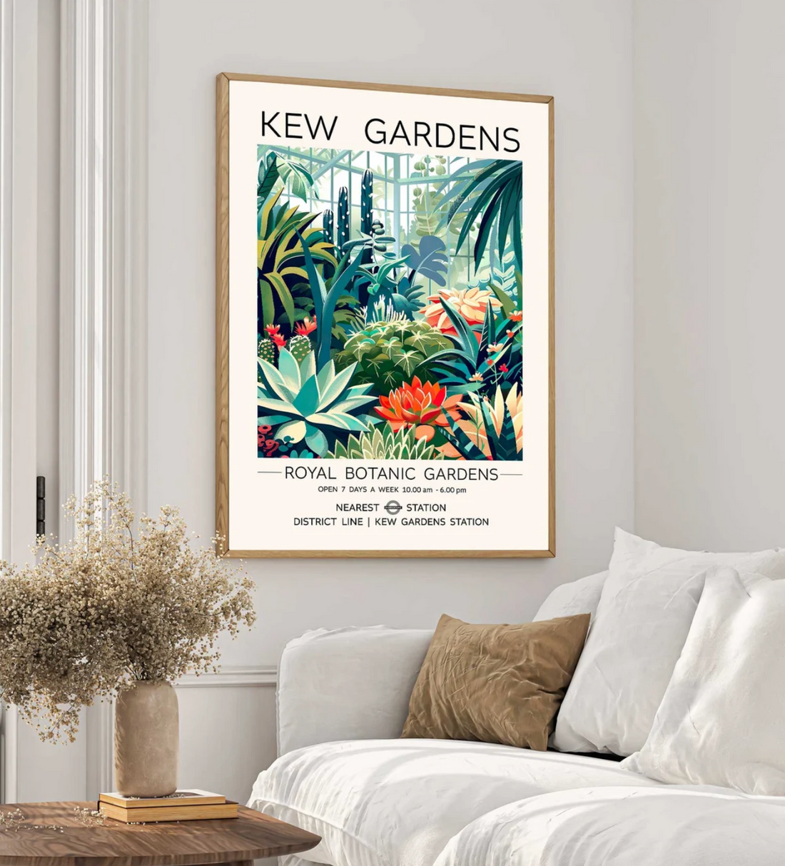 Vintage Cactus Wall Art Print Framed poster of Kew Gardens with colorful plant illustrations on a gray wall.