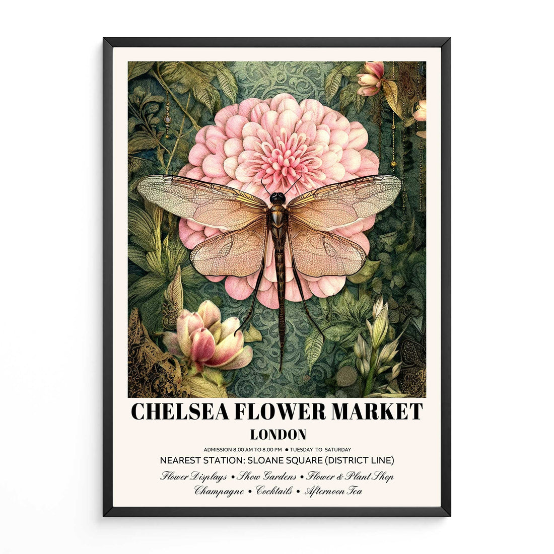 Vintage dragonfly floral wall art print  in black frame with illustrated dragonfly and floral background