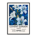 Vintage Lillies Floral Poster, blue, white, lily flowers on a dark background.