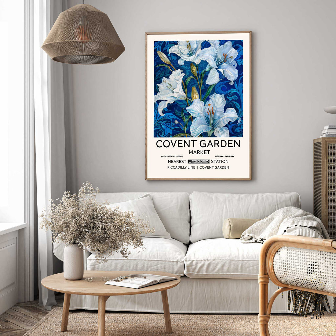 Vintage Lillies Floral Poster, blue, white, lily flowers on a dark background.