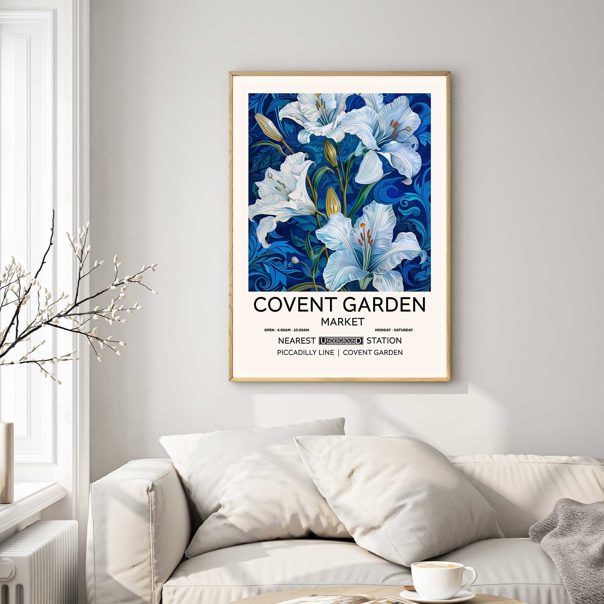 Vintage Lillies Floral Poster, blue, white, lily flowers on a dark background.