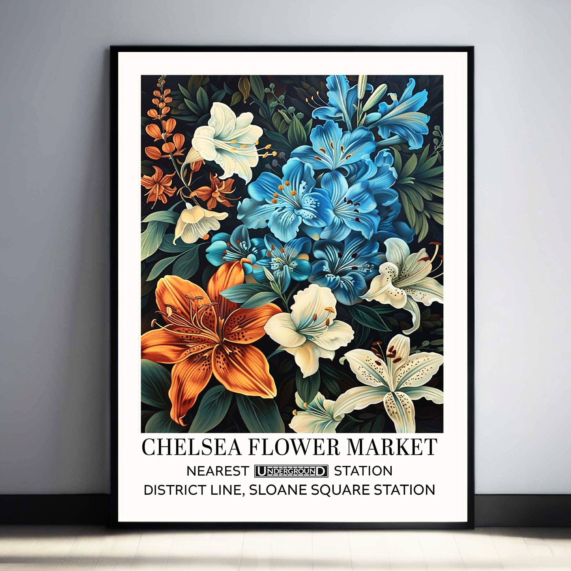 Vintage Lillies Floral Wall Art, blue, white, and orange lily flowers on a dark background.