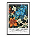 Vintage Lillies Floral Wall Art, blue, white, and orange lily flowers on a dark background.