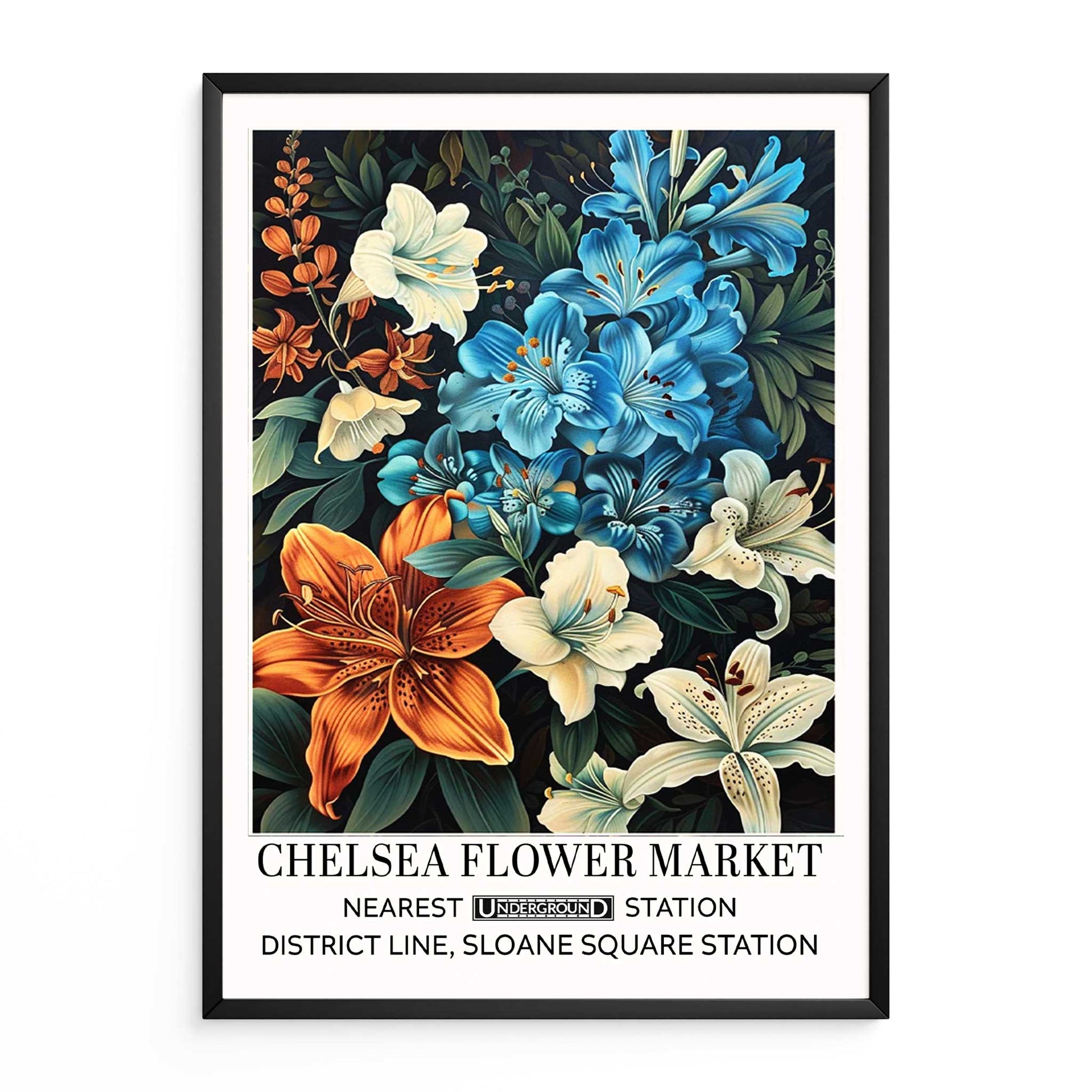 Vintage Lillies Floral Wall Art, blue, white, and orange lily flowers on a dark background.