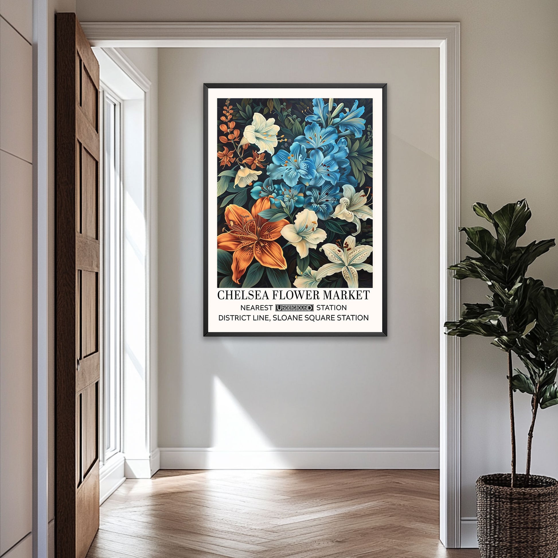 Vintage Lillies Floral Wall Art, blue, white, and orange lily flowers on a dark background.
