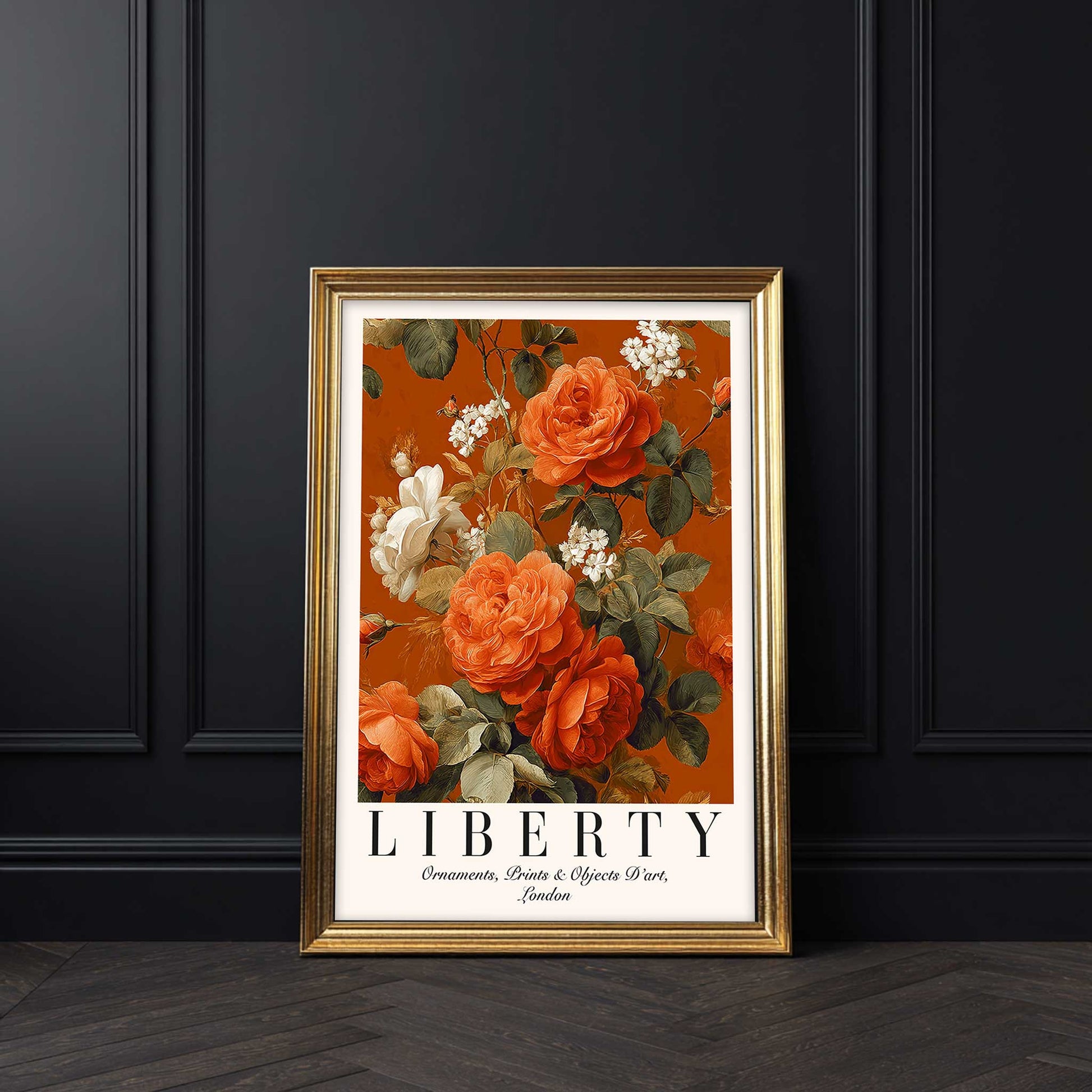 Orange Roses Floral Print Liberty London Style Vintage Flower Wall Art. Stylish Art For Modern Homes And HouseWarming Or new Home Gifts