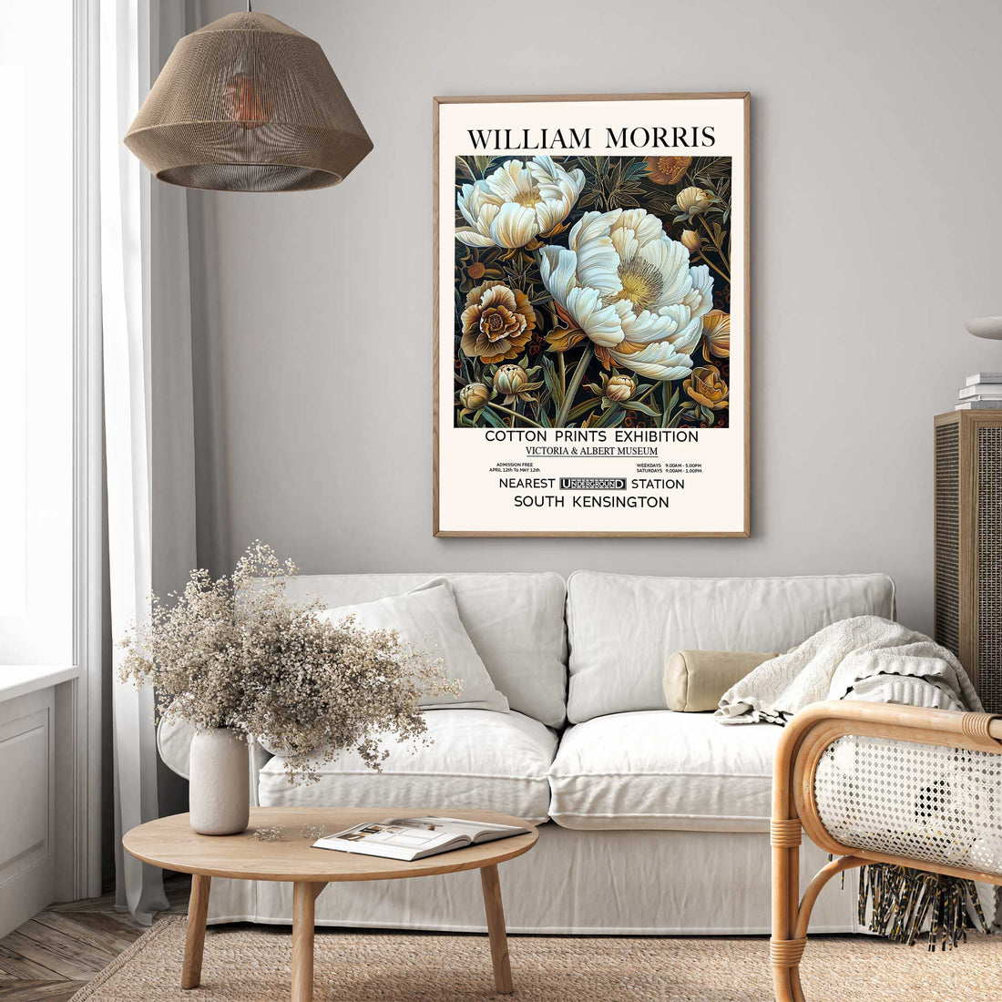 William Morris white peony print featuring large white flowers, botanical foliage and Victorian floral artwork