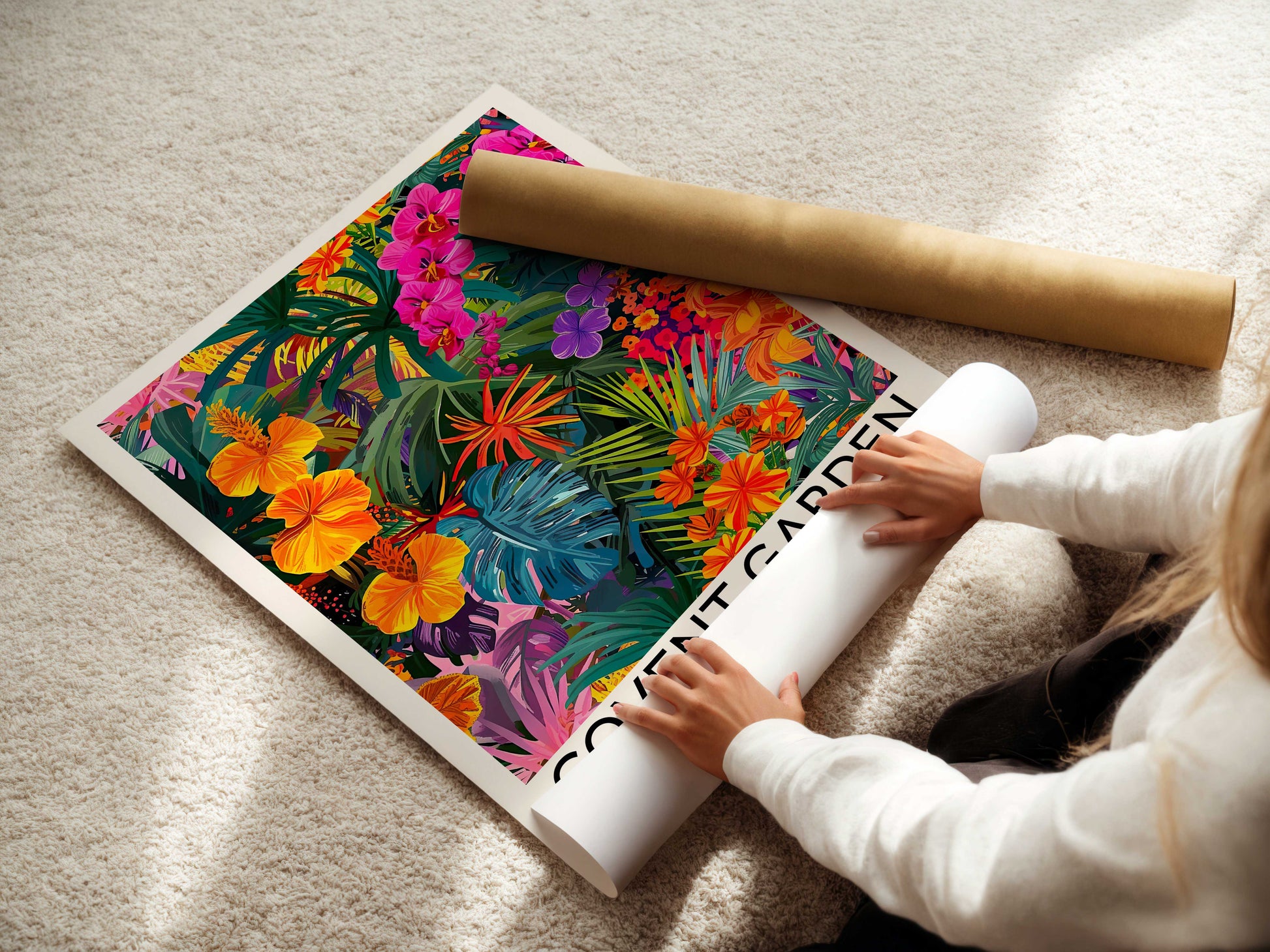 Vibrant Floral Print Tropical Garden Wall Art . Vintage Pink Yellow Flower Poster