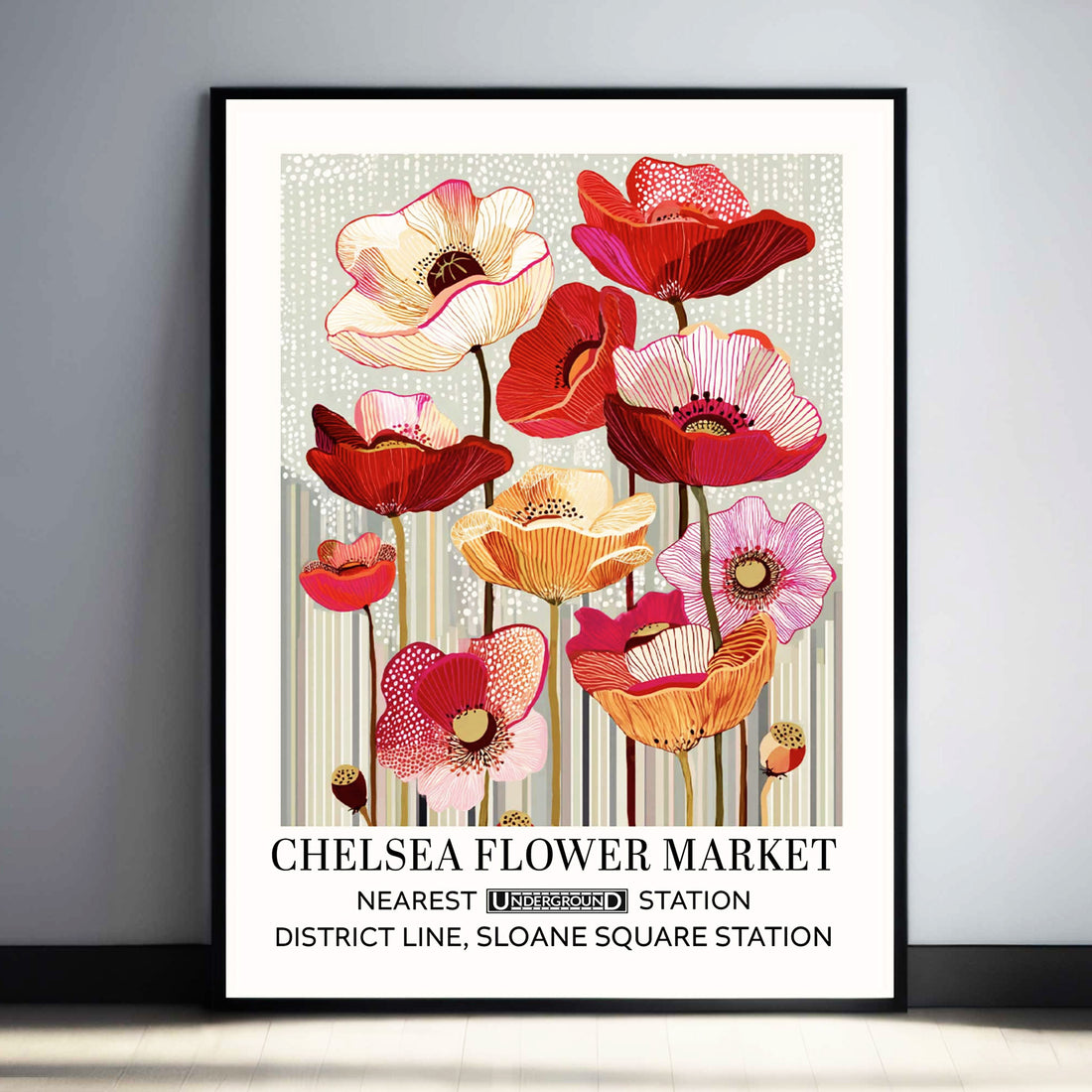 Vintage Poppies Floral Wall Art features red flowers in a vintage poster-style inspired by garden exhibition prints.