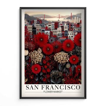 Vintage red floral wall art featuring bold red flowers arranged in a flower market poster-style composition. A stylised San Francisco cityscape and Golden Gate Bridge in the background, referencing a flower market scene