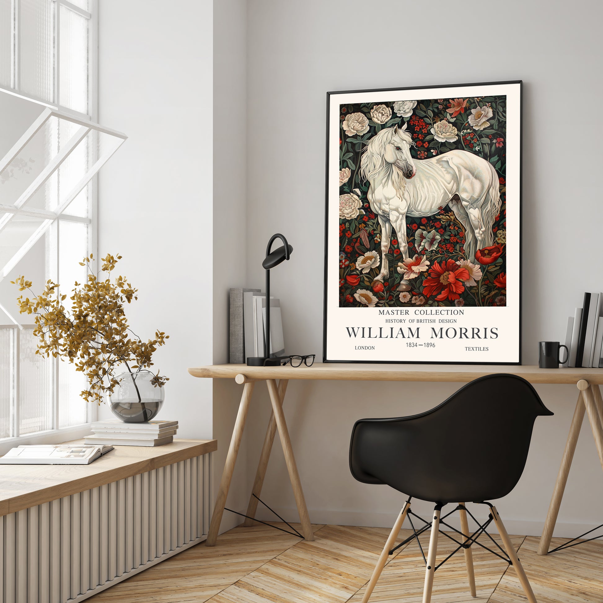 Vintage White Horse Botanical Print, Equestrian Art