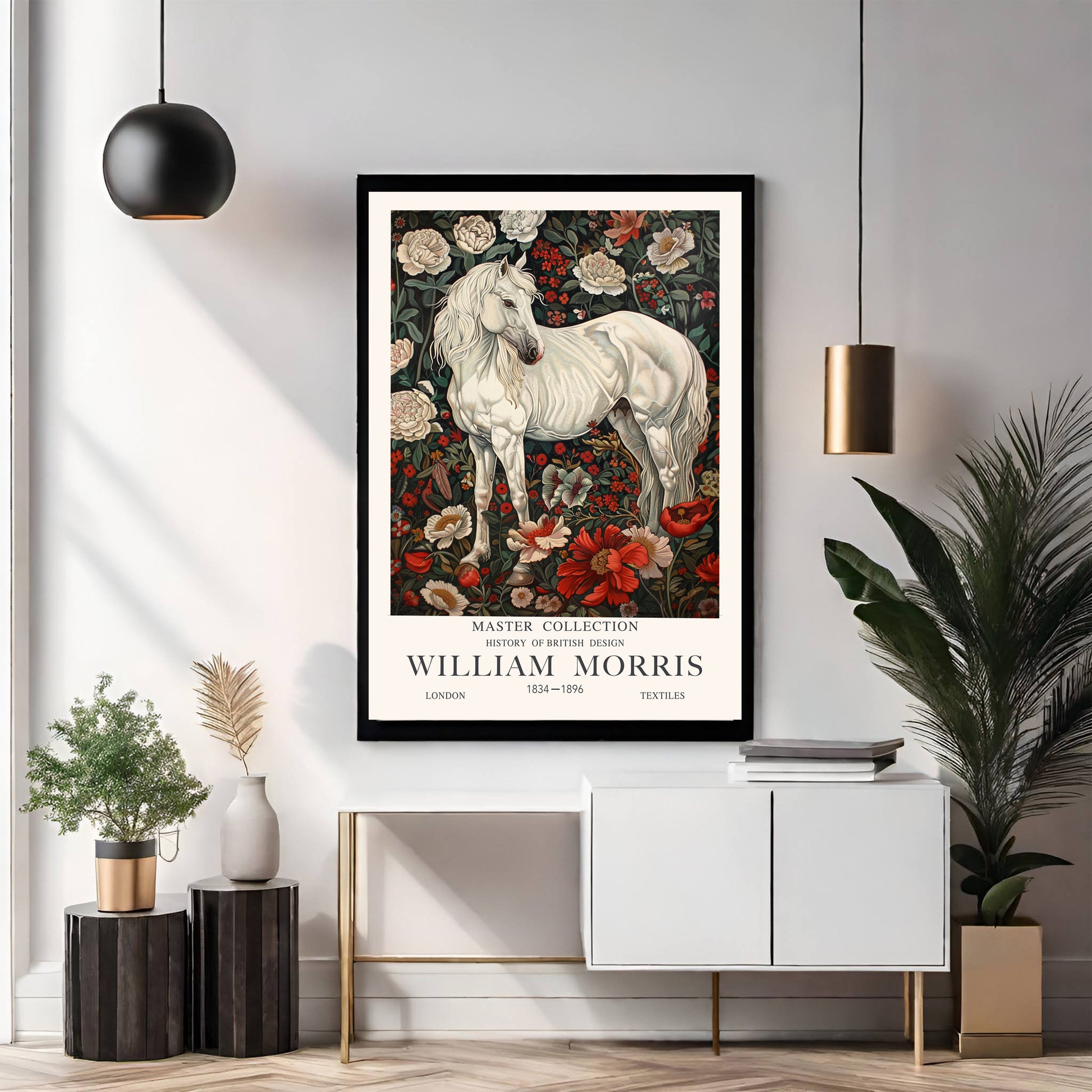 Vintage White Horse Botanical Print, Equestrian Art