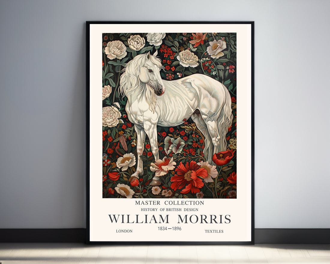 Vintage White Horse Botanical Print, Equestrian Art