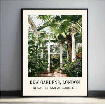 Vintage botanical wall art inspired by Kew Gardens London featuring greenhouse foliage and lush green plants