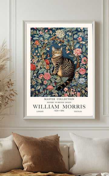Vintage cat wall art print in a William Morris decorative style
A framed poster featuring a vintage cat print inspired by William Morris artwork, surrounded by floral patterns.