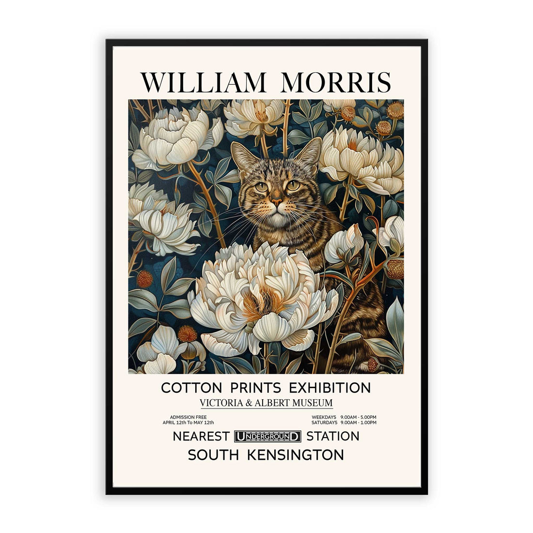 Vintage cat wall art print in a William Morris decorative style
A framed poster featuring a vintage cat print inspired by William Morris artwork, surrounded by floral patterns.