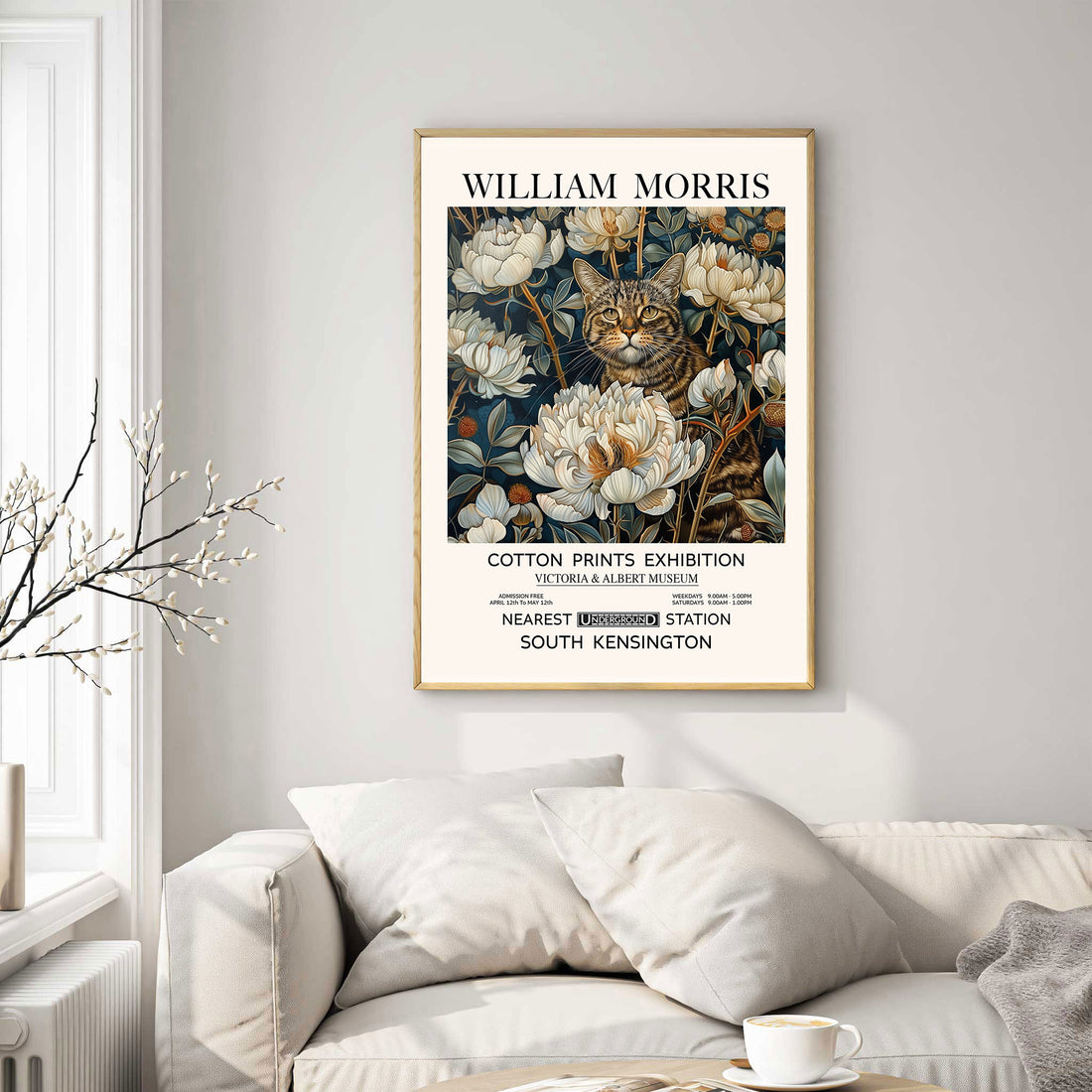 Vintage cat wall art print in a William Morris decorative style
A framed poster featuring a vintage cat print inspired by William Morris artwork, surrounded by floral patterns.