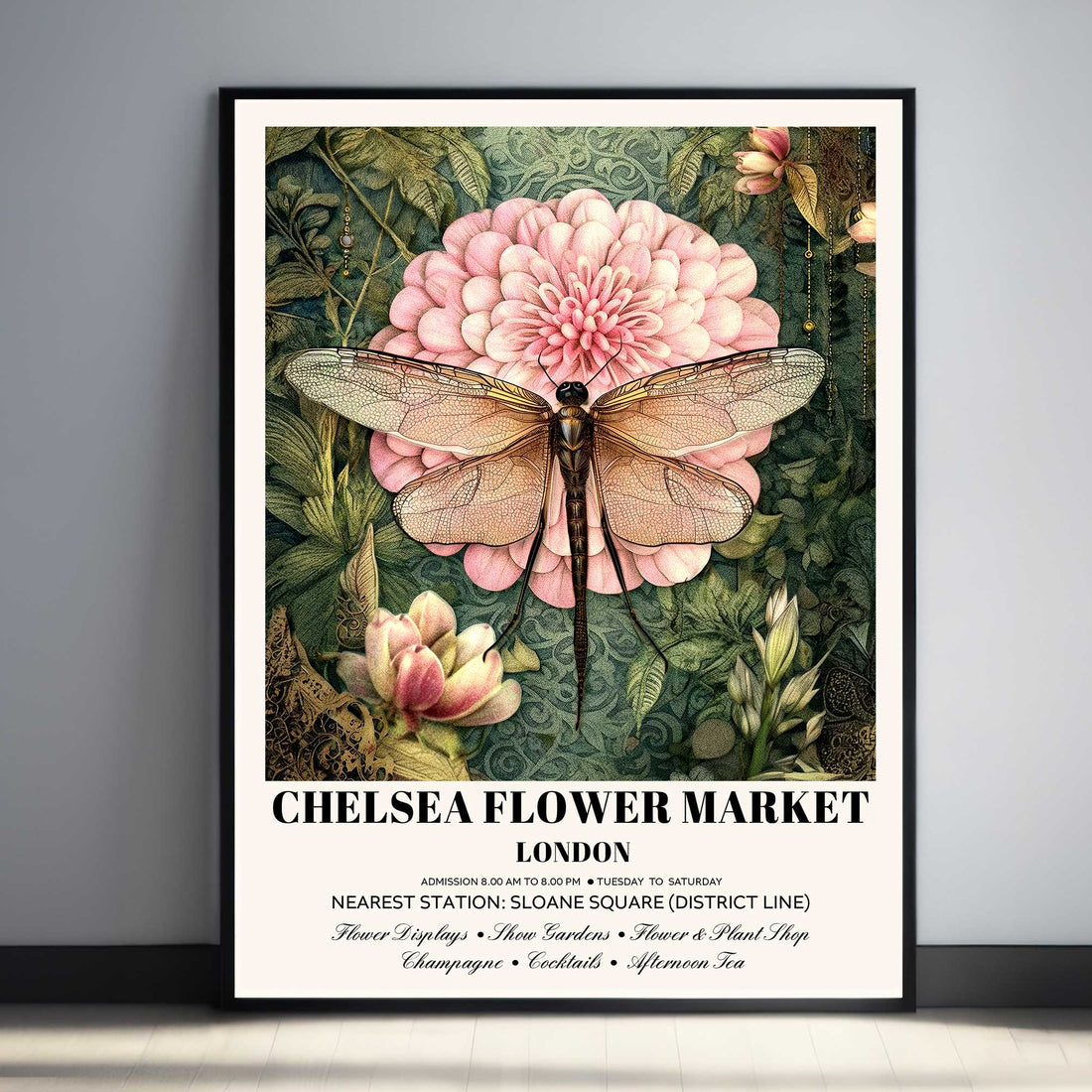 Vintage dragonfly floral wall art print  in black frame with illustrated dragonfly and floral background