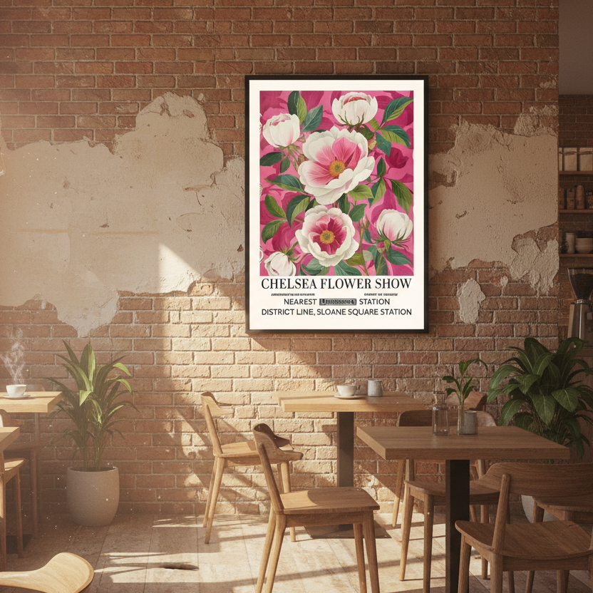 Vintage flower show  framed wall art print featuring illustrated peonies Large size wall art Floral poster on a brick wall in a café setting