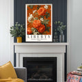 Orange Floral Print Liberty London Style Vintage Flower Wall Art. Stylish Art For Modern Homes And HouseWarming Or new Home Gifts