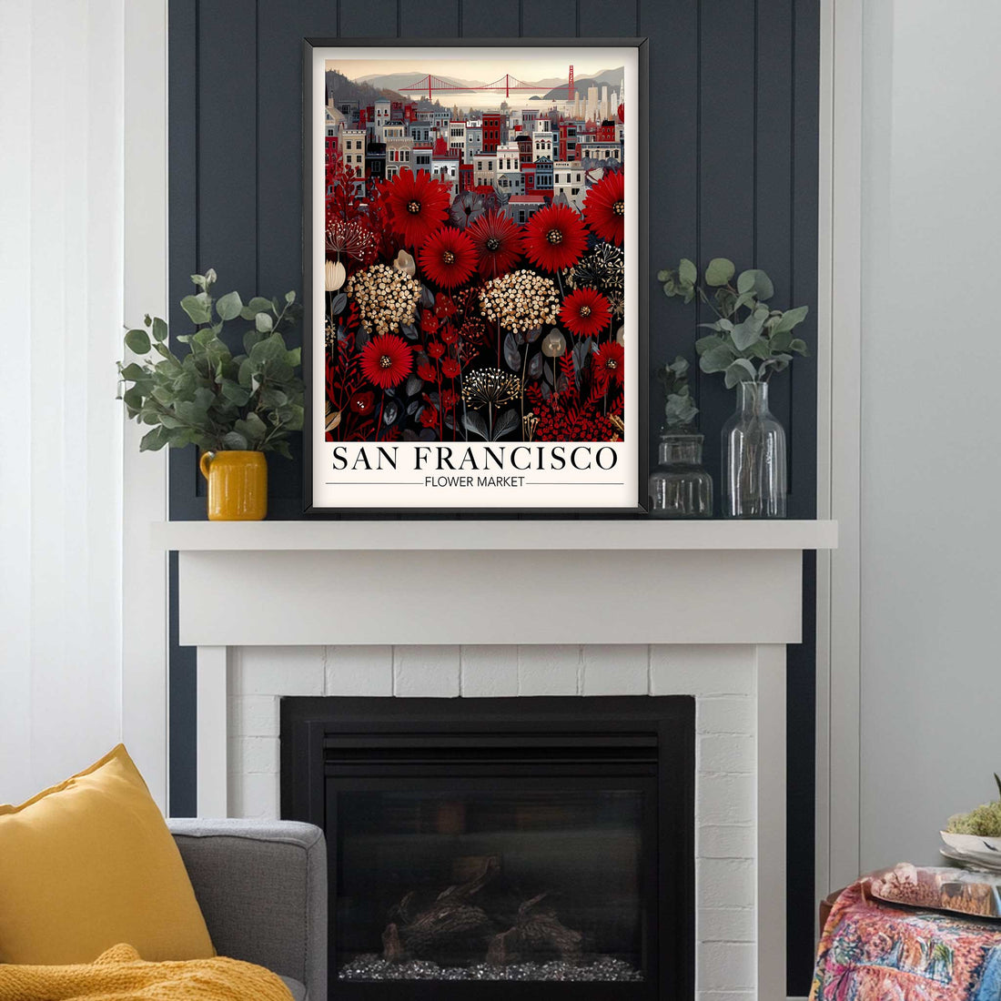 Vintage red floral wall art featuring bold red flowers arranged in a flower market poster-style composition. A stylised San Francisco cityscape and Golden Gate Bridge in the background, referencing a flower market scene