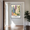 Vintage wildflower wall art print featuring a mix of pastel blue, cream, yellow, and soft pink flowers in a garden, illustrated in a classic botanical poster.