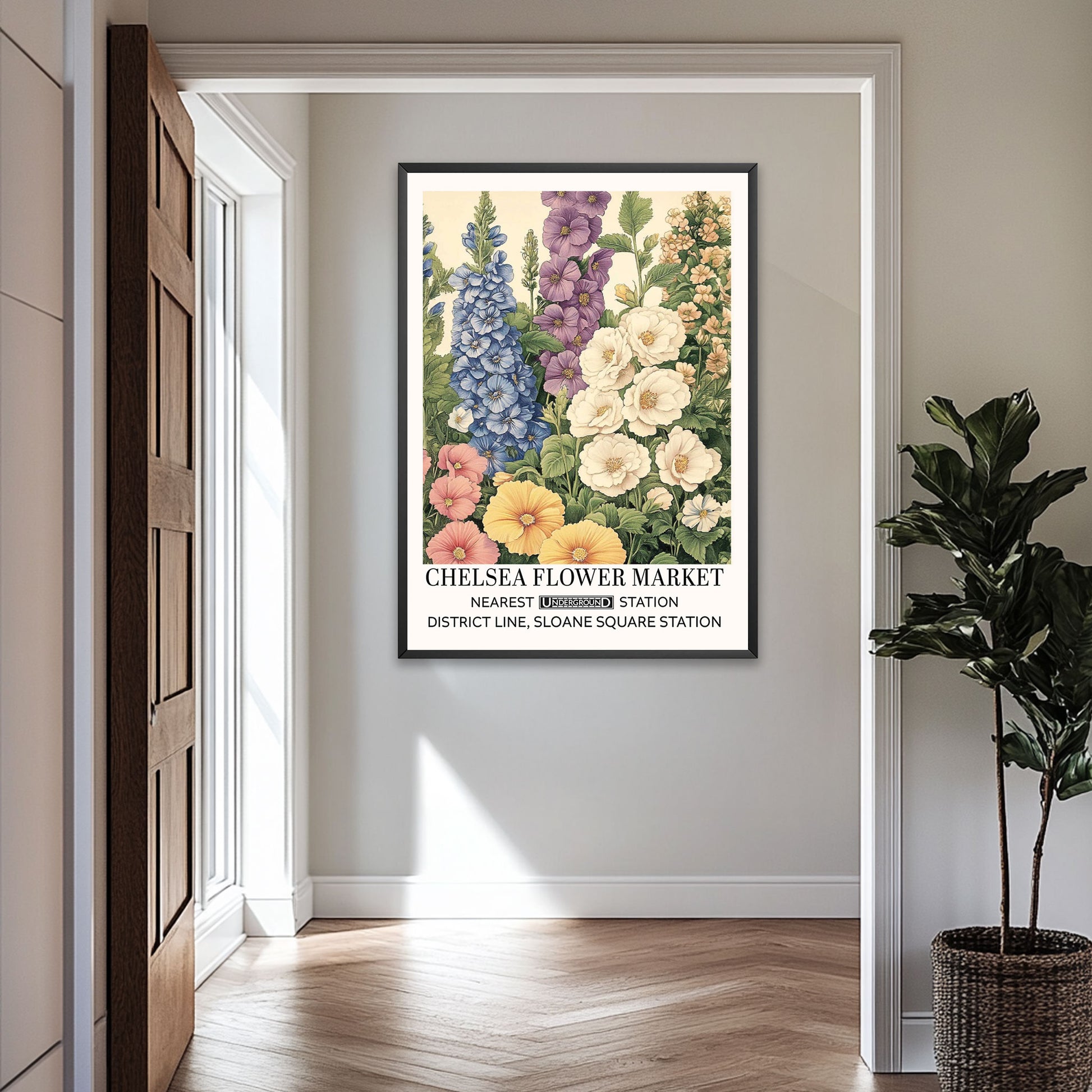 Vintage wildflower wall art print featuring a mix of pastel blue, cream, yellow, and soft pink flowers in a garden, illustrated in a classic botanical poster.