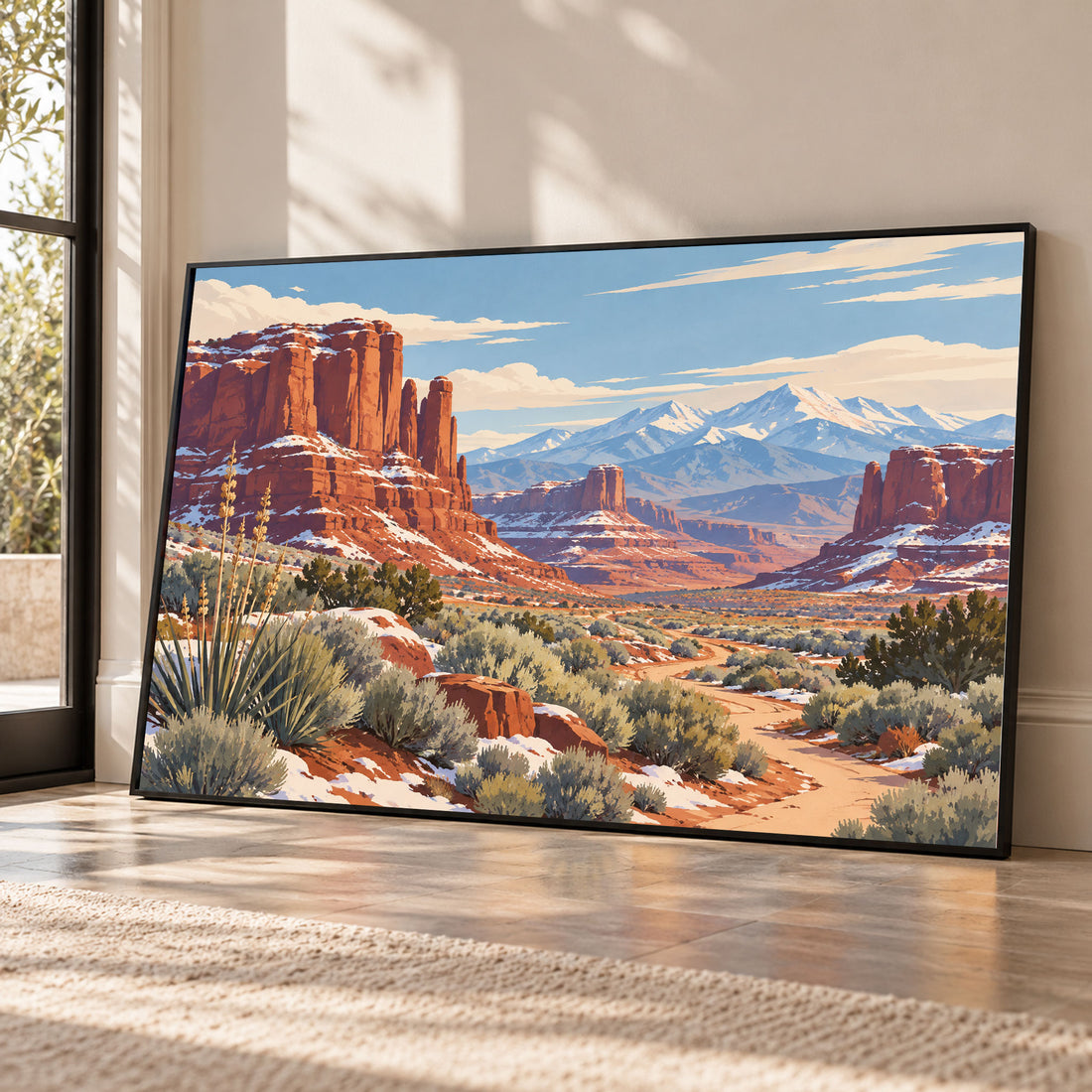  landscape art print of a desert canyon with red rock formations and snow-capped mountains
