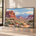 Southwestern desert landscape wall art with red rock canyons, snow-capped mountains and sagebrush in a colourful retro illustration